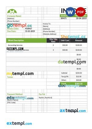 Sample Hourly Invoice template in word and pdf format