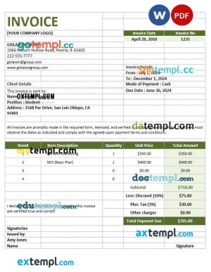 Simple Agency Invoice template in word and pdf format