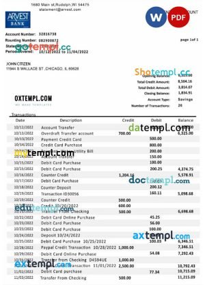 USA Arvest bank statement Word and PDF template