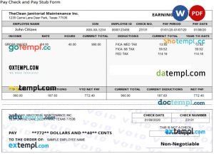 USA THE CLEAN Janitorial Mainenance Inc pay stub template in Word and PDF formats