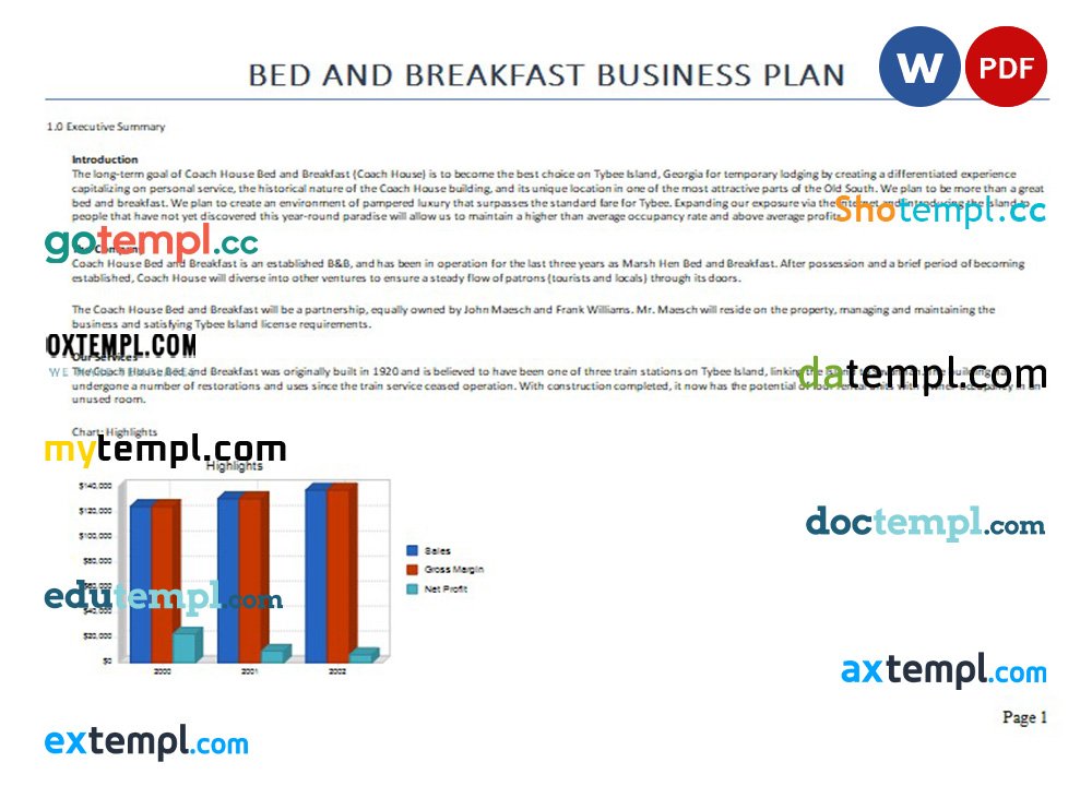 free bed and breakfast business plan template in Word and PDF formats
