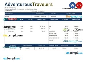 tourism company paystub template in Word and PDF formats