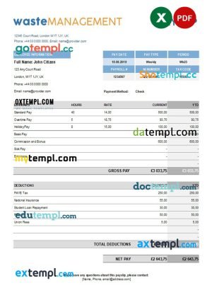 waste management company earning statement template in Excel and PDF formats