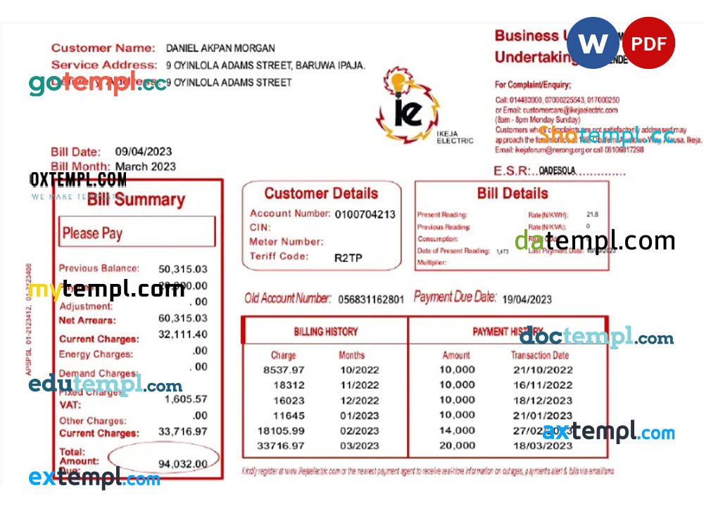 NIGERIA IKEJA utility bill Word and PDF template