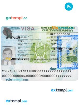 Tanzania travel visa PSD template, version 2