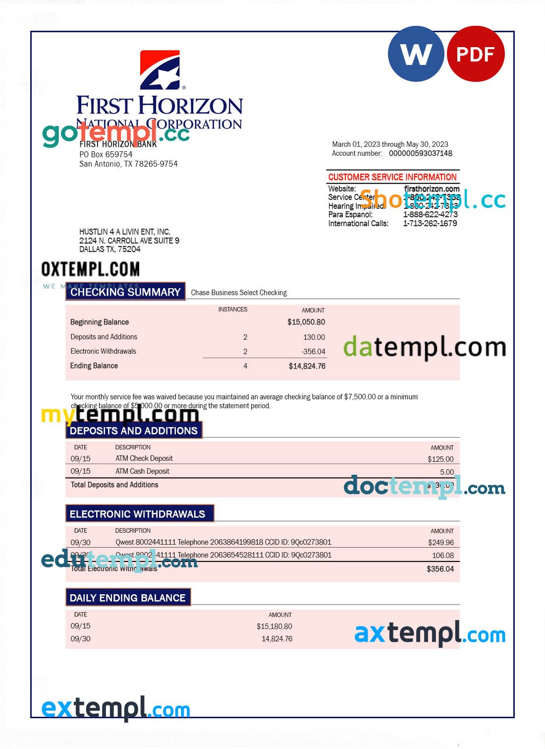 First Horizon bank company checking account statement Word and PDF template