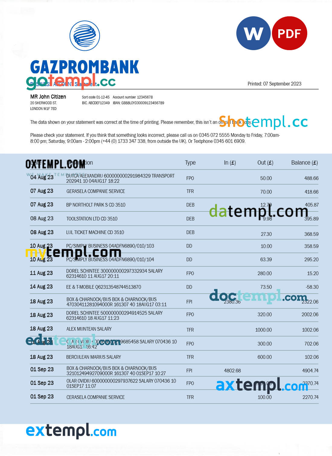 Gazprombank firm account statement Word and PDF template