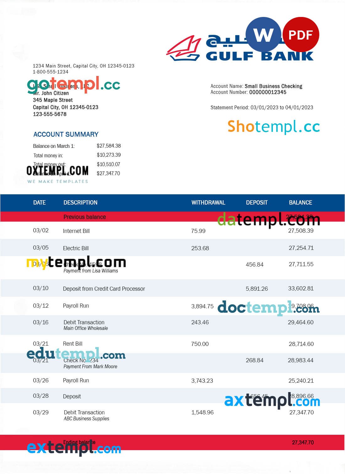 Gulf Bank company account statement Word and PDF template