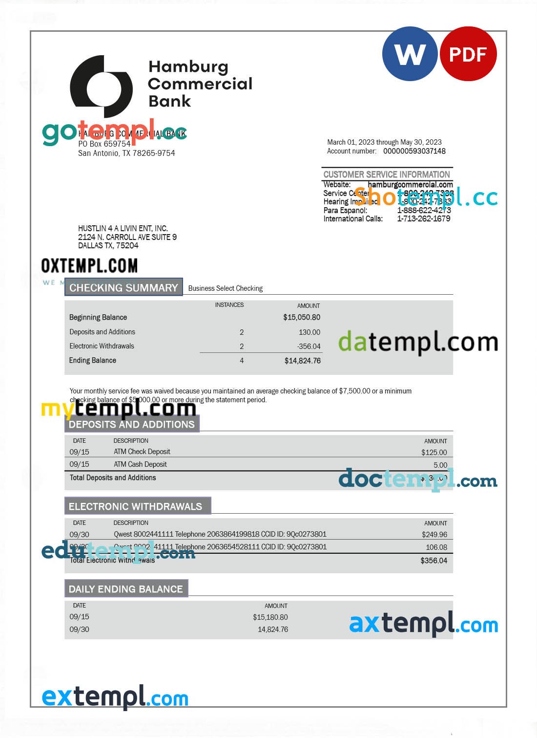 Hamburg Commercial Bank enterprise account statement Word and PDF template