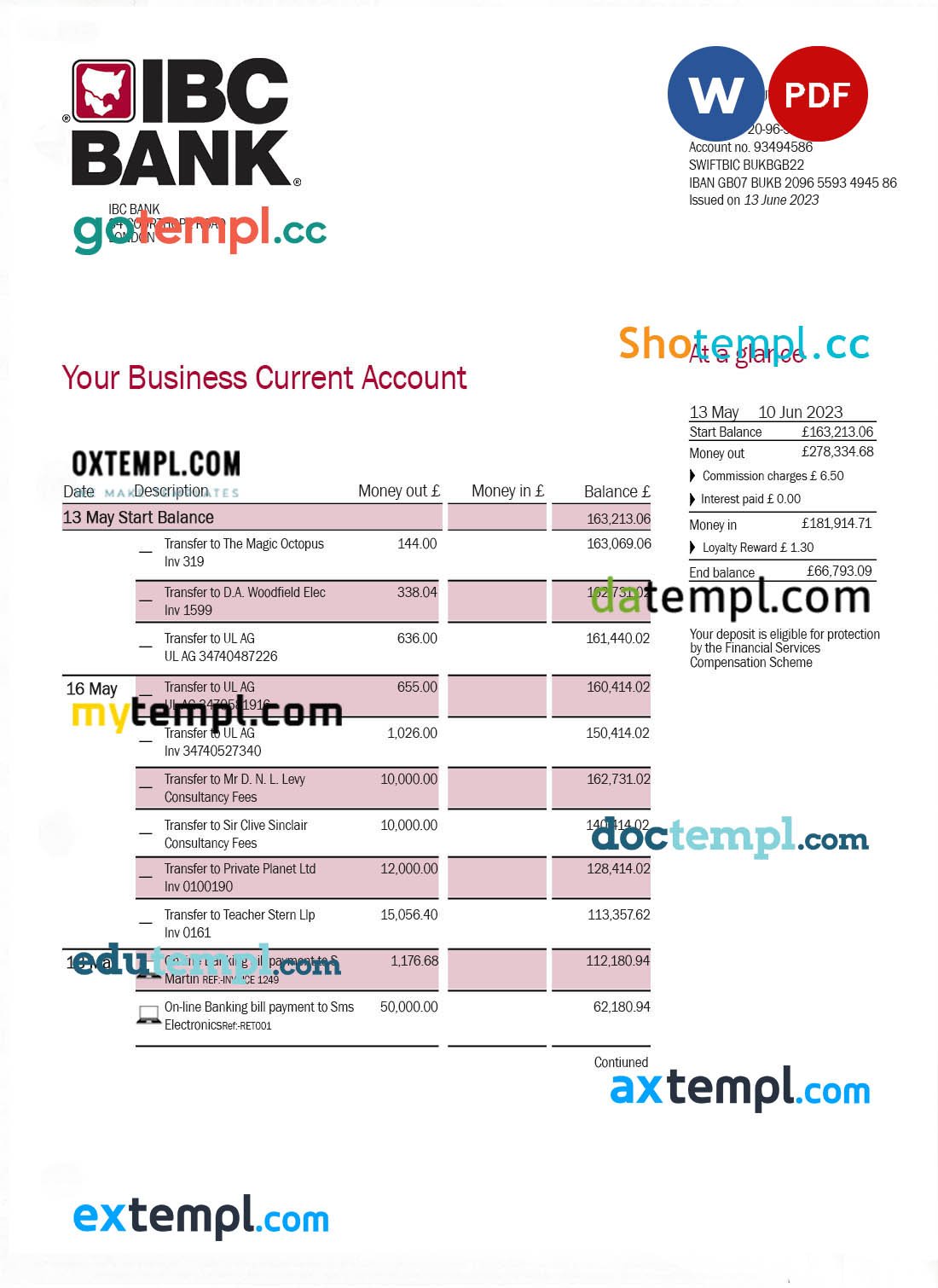 IBC Bank business checking account statement Word and PDF template