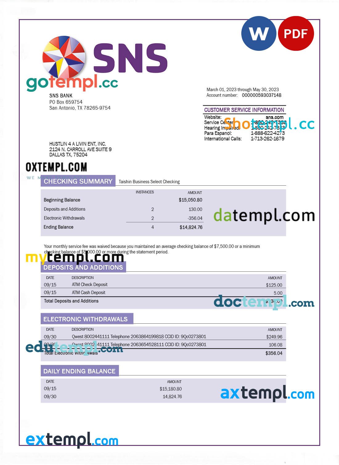 SNS Bank enterprise account statement Word and PDF template