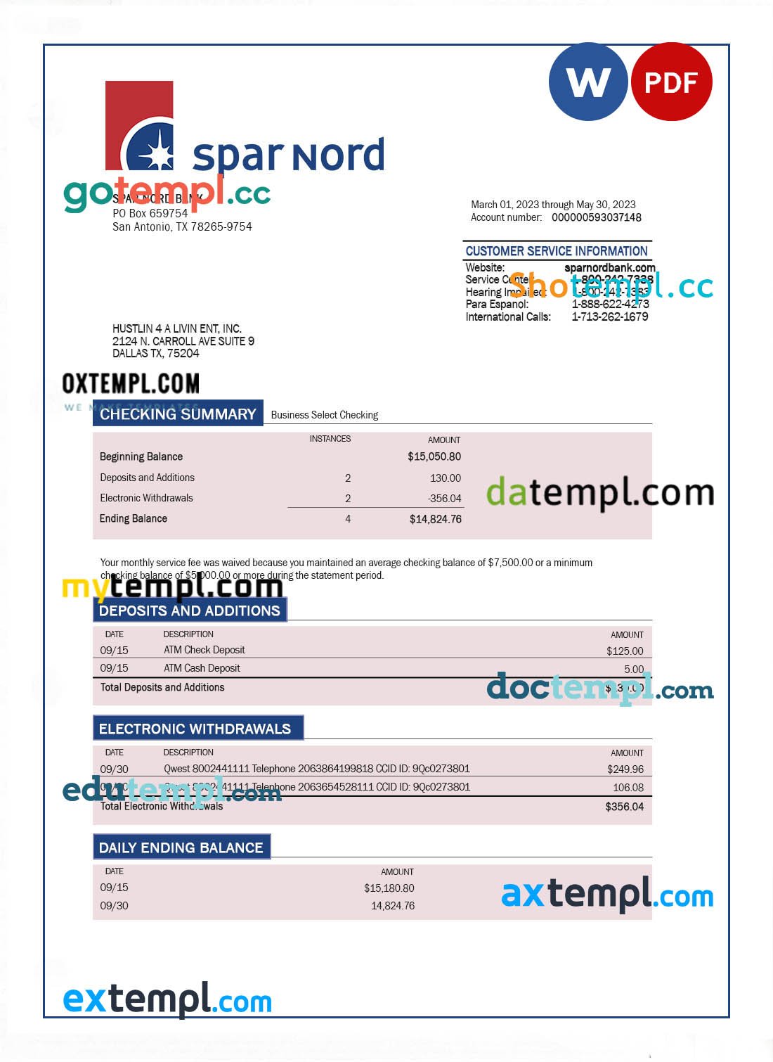 Spar Nord Bank company checking account statement Word and PDF template