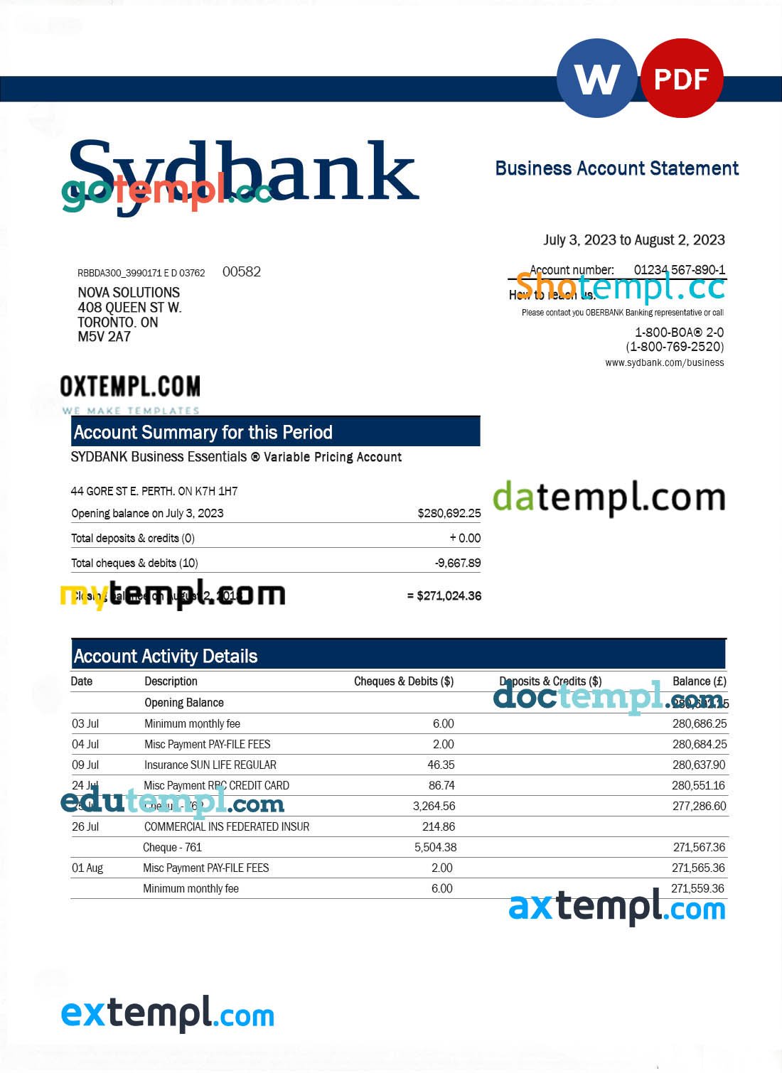 Sydbank enterprise account statement Word and PDF template