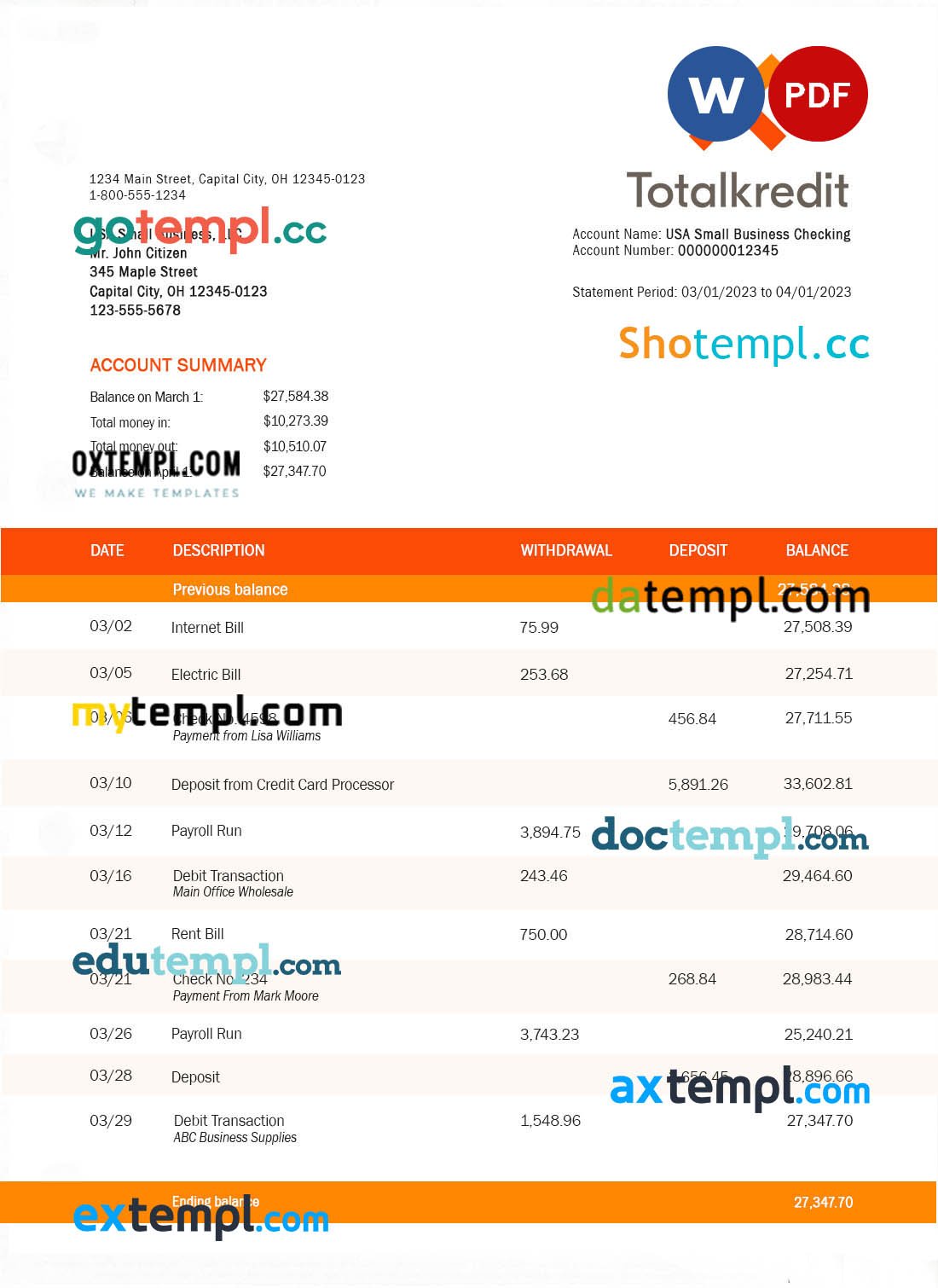 TOTALKREDIT Bank organization account statement Word and PDF template