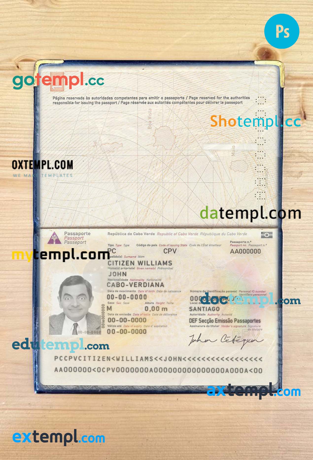 Cabo Verde passport editable PSD files, scan and photo look templates, 2 in 1