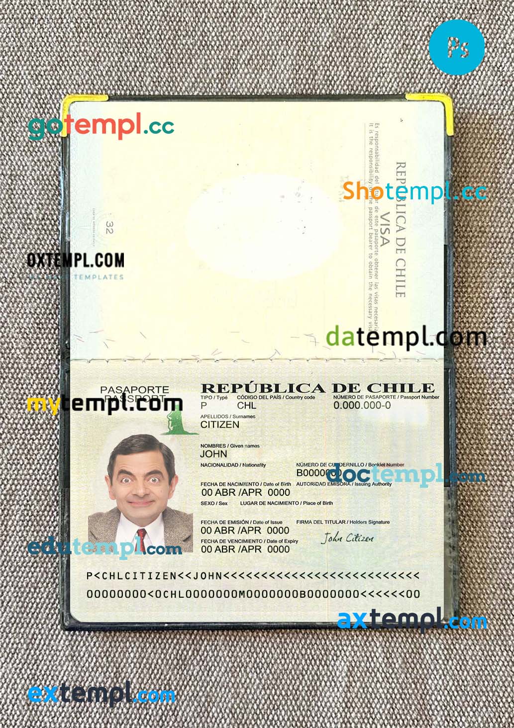 Chile passport editable PSDs, scan and photo-realistic snapshot, 2 in 1
