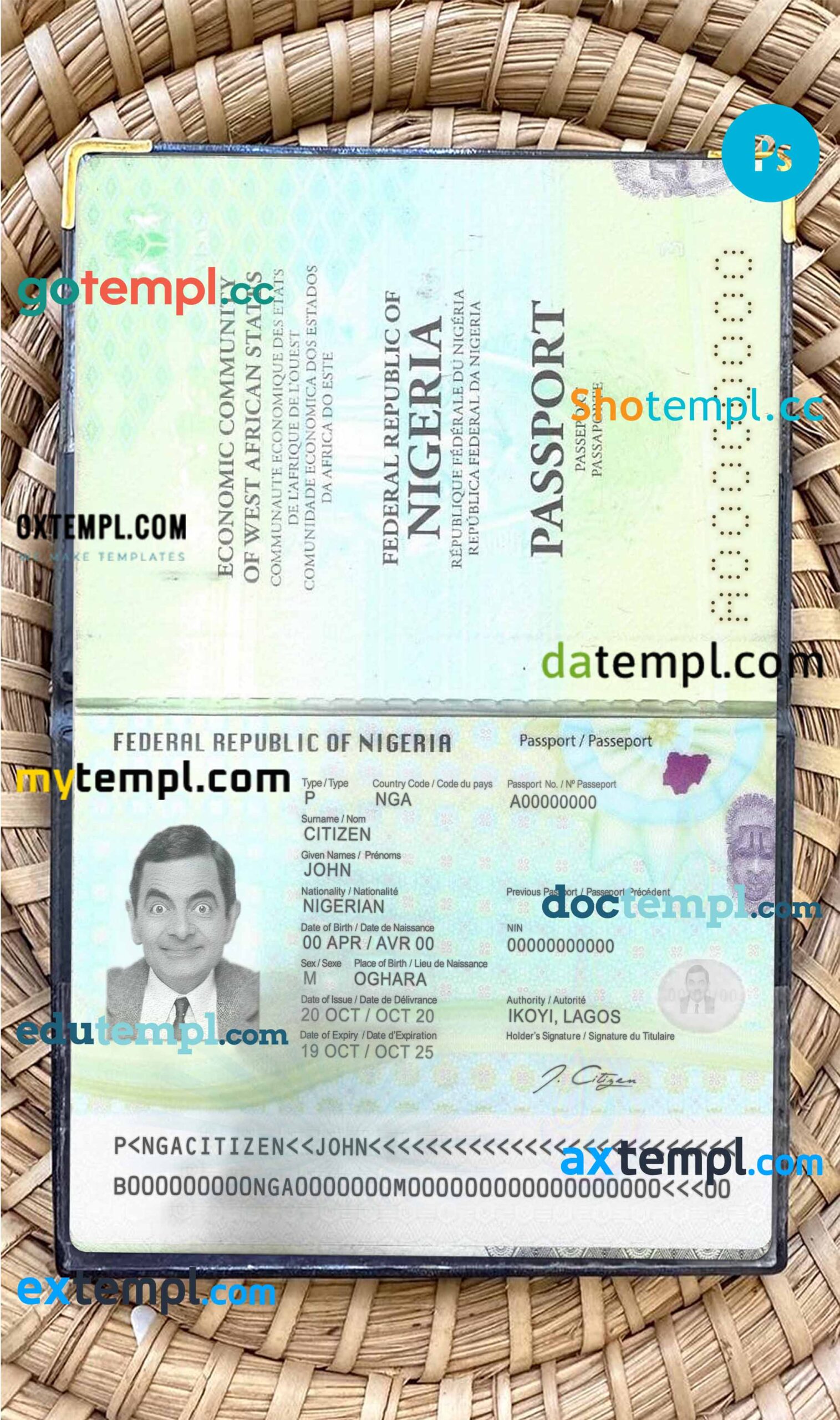 Nigeria passport editable PSDs, scan and photo-realistic snapshot (2019-present), 2 in 1