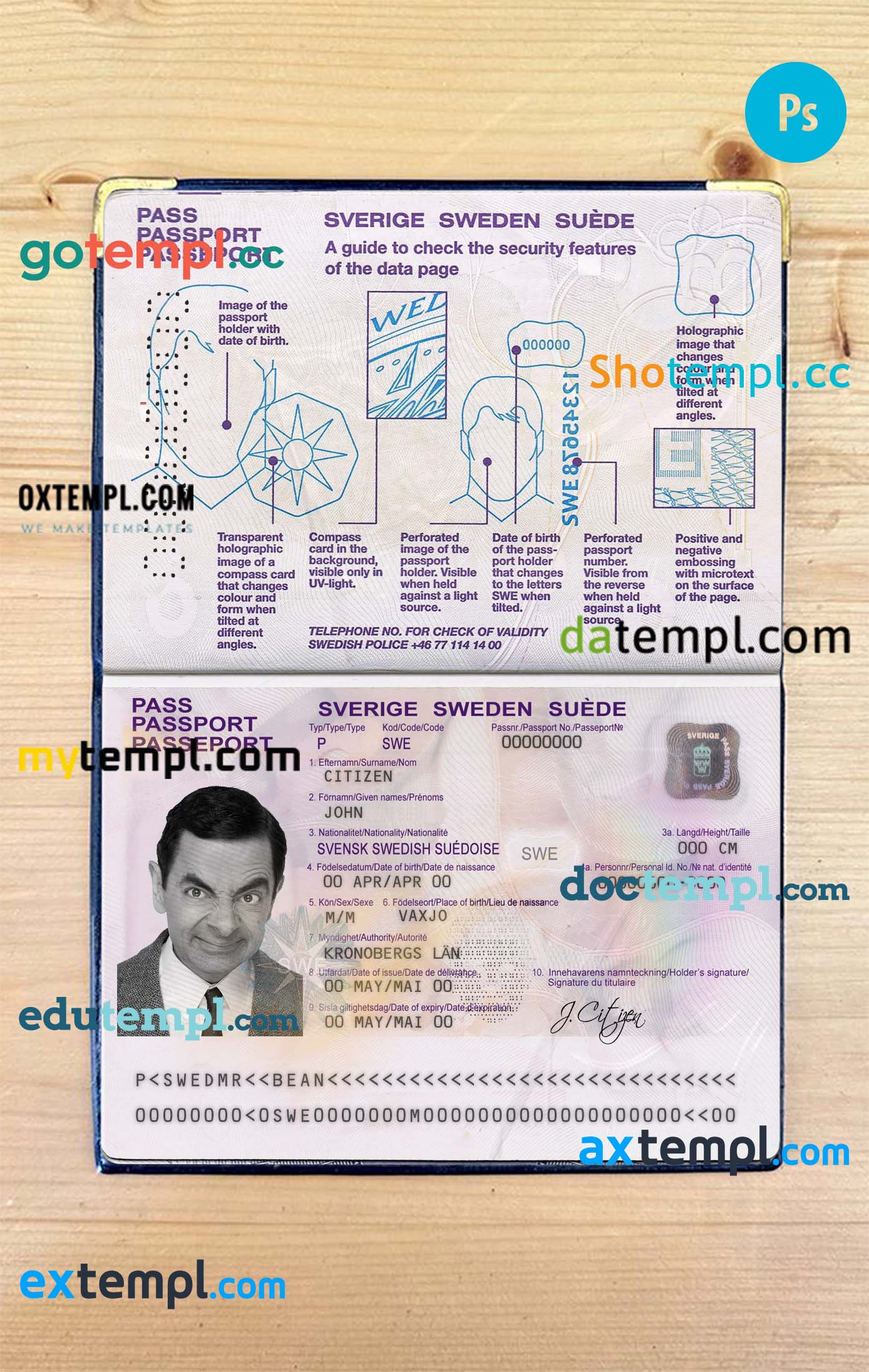 Sweden passport editable PSD files, scan and photo taken image, 2 in 1