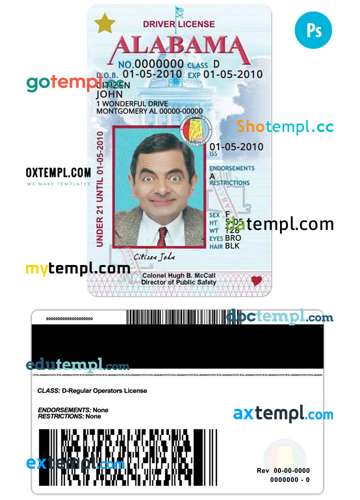 USA Alabama state vertical driving license editable PSD template, under 21