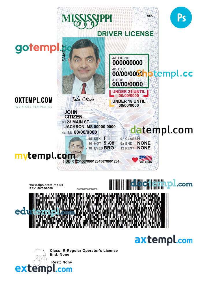 USA Mississippi state vertical driving license editable PSD template, under 21