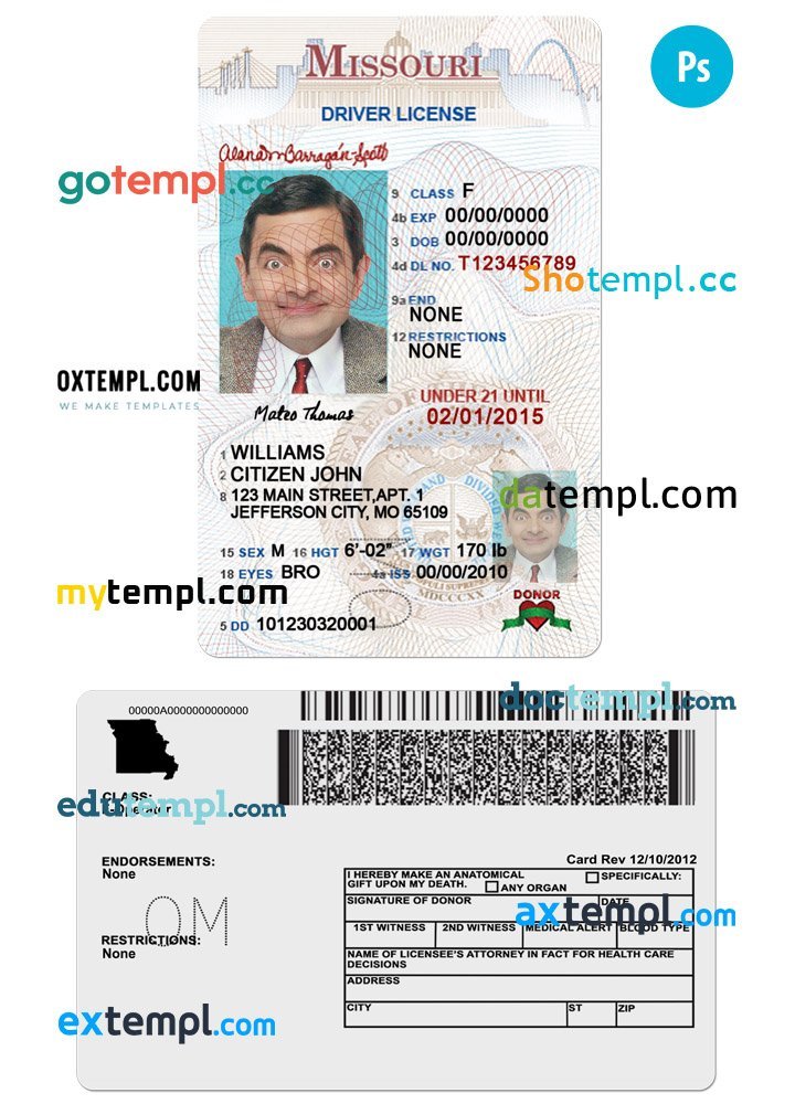 USA Missouri state vertical driving license editable PSD template, under 21