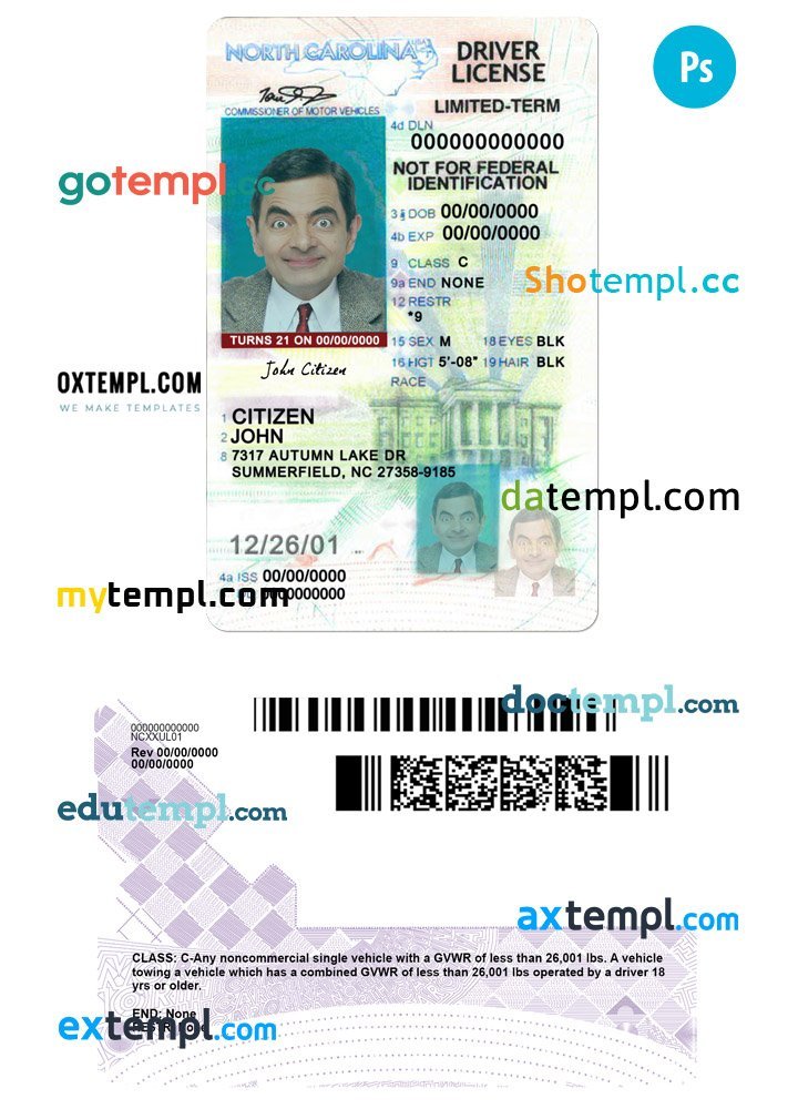 USA North Carolina state vertical driving license editable PSD template, under 21