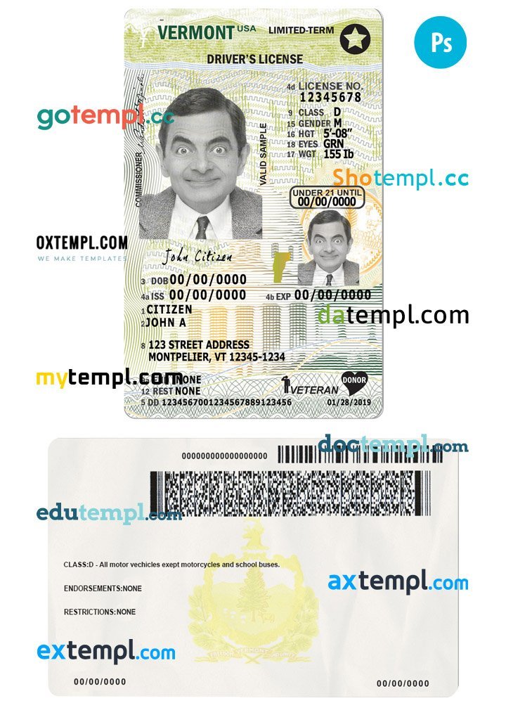 USA Vermont state vertical driving license editable PSD template, under 21