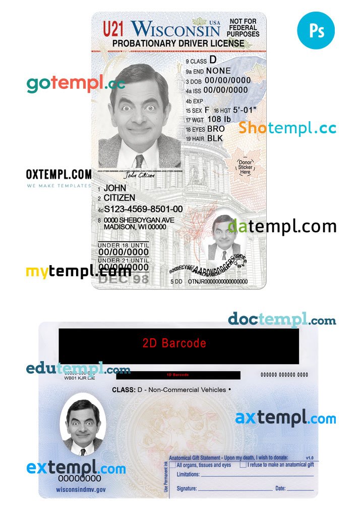 USA Wisconsin state vertical driving license editable PSD template, under 21