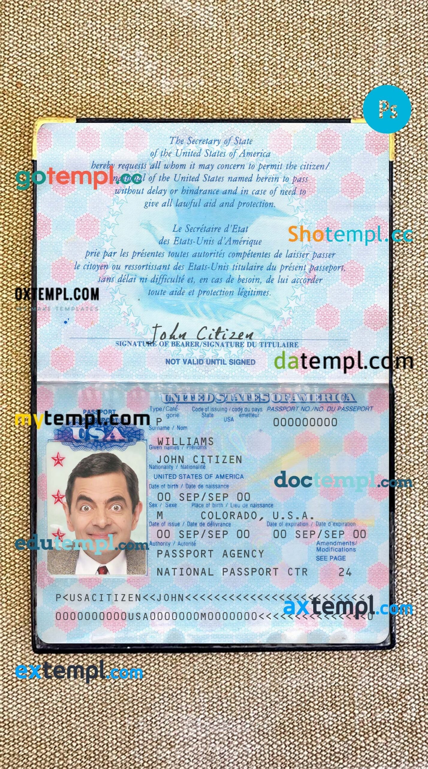 USA passport PSDs, editable scan and photograghed picture template (2007), 2 in 1