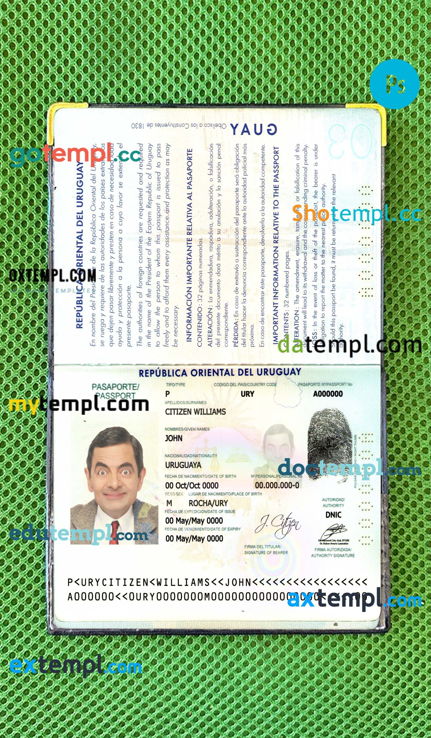 Uruguay passport PSD files, editable scan and photo-realistic look sample, 2 in 1