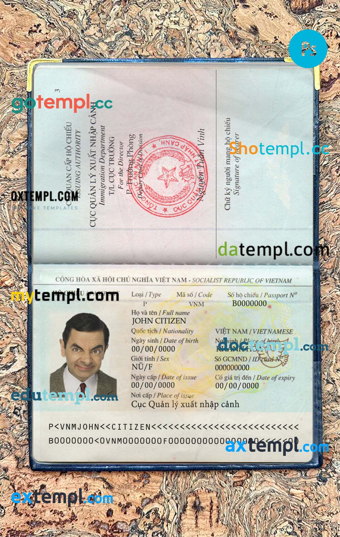 Vietnam passport editable PSDs, scan and photo-realistic snapshot, 2 in 1