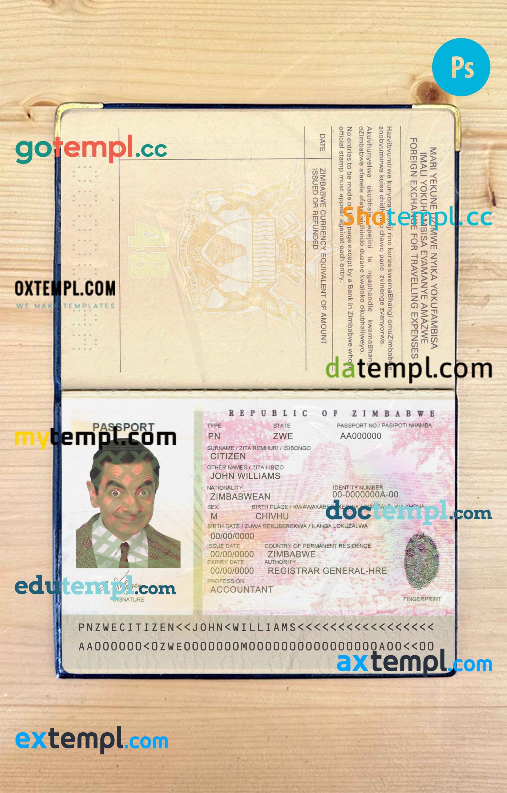 Zimbabwe passport editable PSD files, scan and photo look templates, 2 in 1