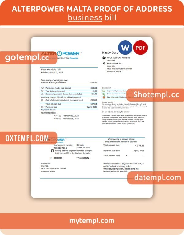 AlterPower Malta proof of address business utility bill,PDF and WORD template