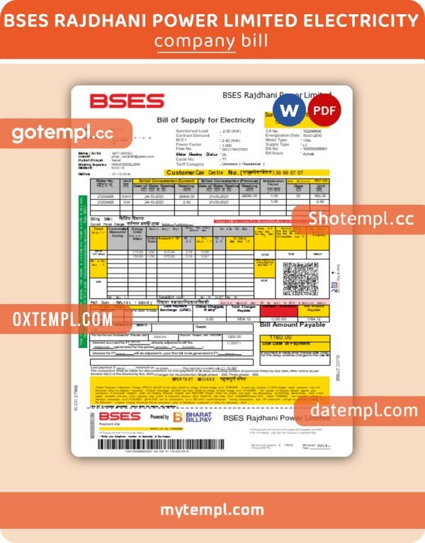 BSES Rajdhani Power Limited electricity business utility bill, Word and PDF template