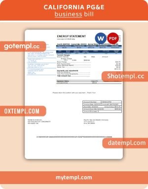 California PG&E (Pacific Gas and Electric Company) business utility bill, Word and PDF template