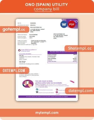 ONO (Spain) business utility bill, PDF and WORD template