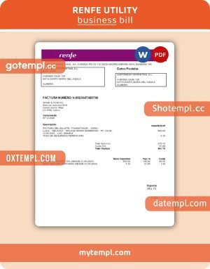 Renfe business utility bill, Word and PDF template