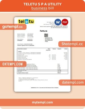 TeleTu S p A  electricity business utility bill, Word and PDF template