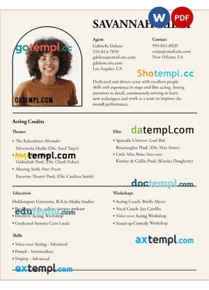 actress light resume Word and PDF download template
