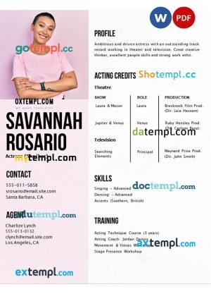 actress pink resume Word and PDF download template