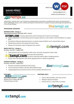 administrative assistant black resume Word and PDF download template