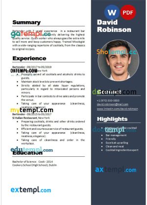 bartender new resume Word and PDF download template