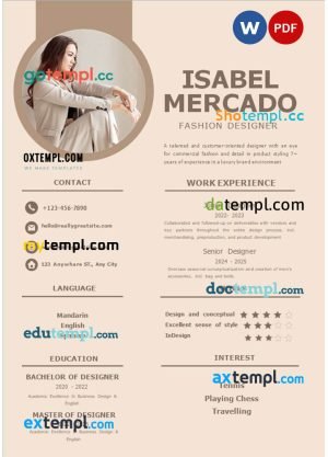 beige brown fashion designer resume Word and PDF download template