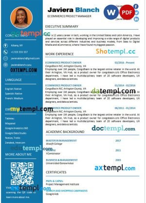blue manager resume Word and PDF download template