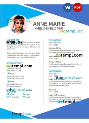blue web developer resume Word and PDF template