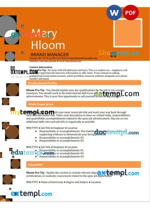 brand manager resume Word and PDF download template