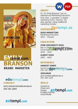 brand marketer resume Word and PDF download template