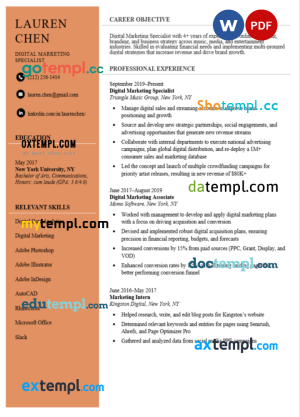 marketing specialist new resume Word and PDF download template