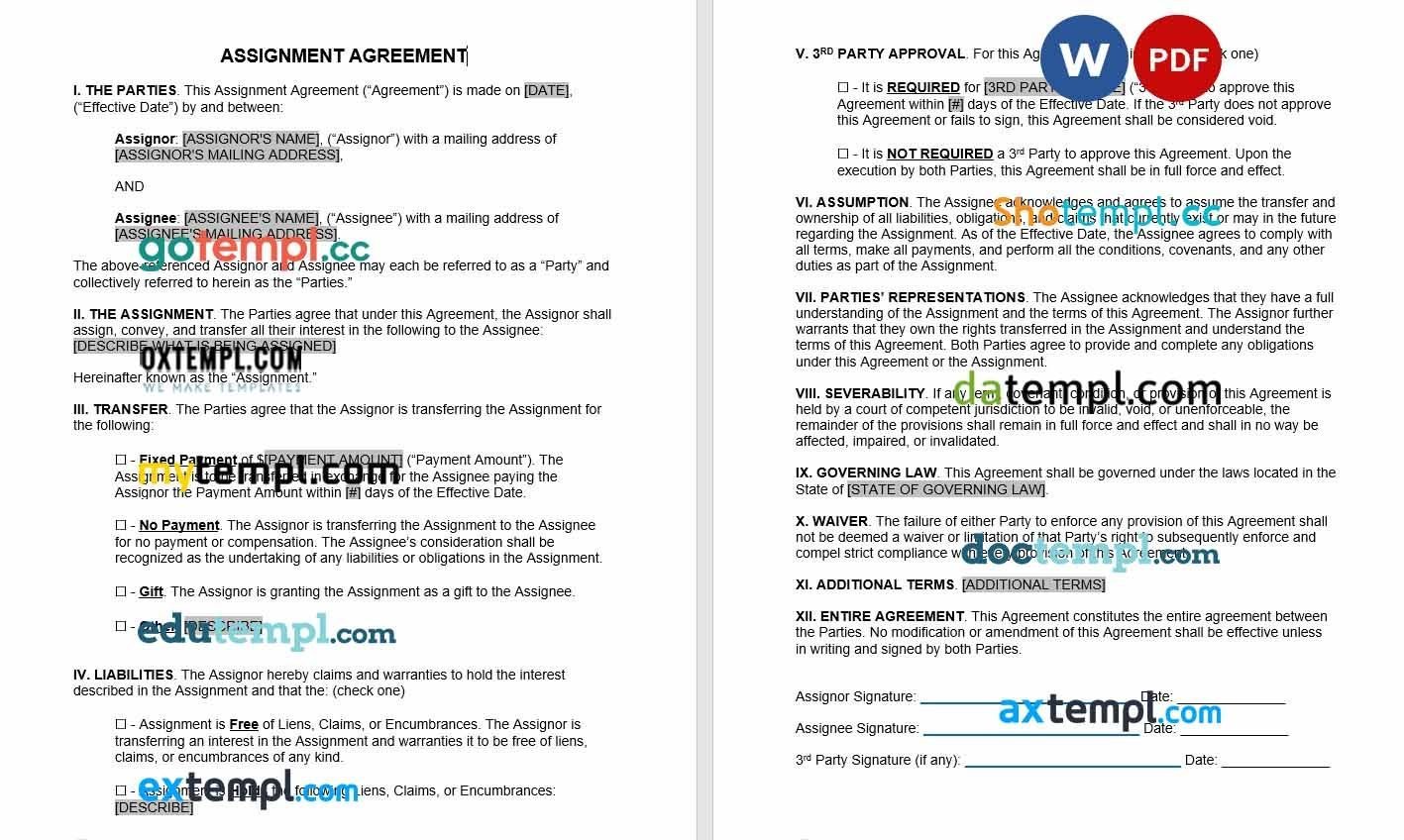 Assignment Agreement Form Word example, fully editable