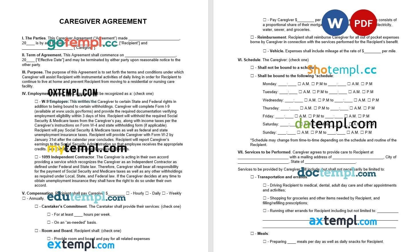 Caregiver Independent Contractor Agreement example, fully editable